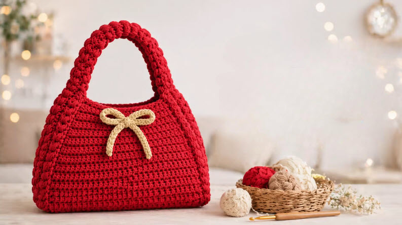 Crochet Red Bow Handbag Pattern with Ribbon Accent (4)