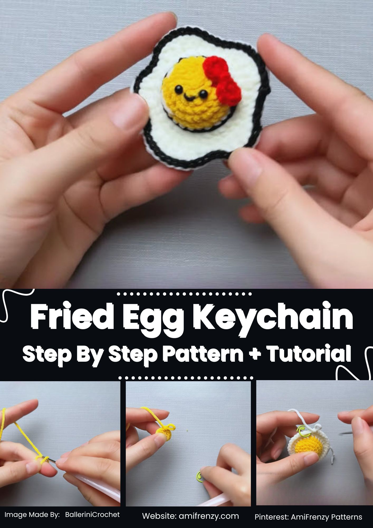 Crochet Fried Egg Keychain Amigurumi Pattern with Smiling Face