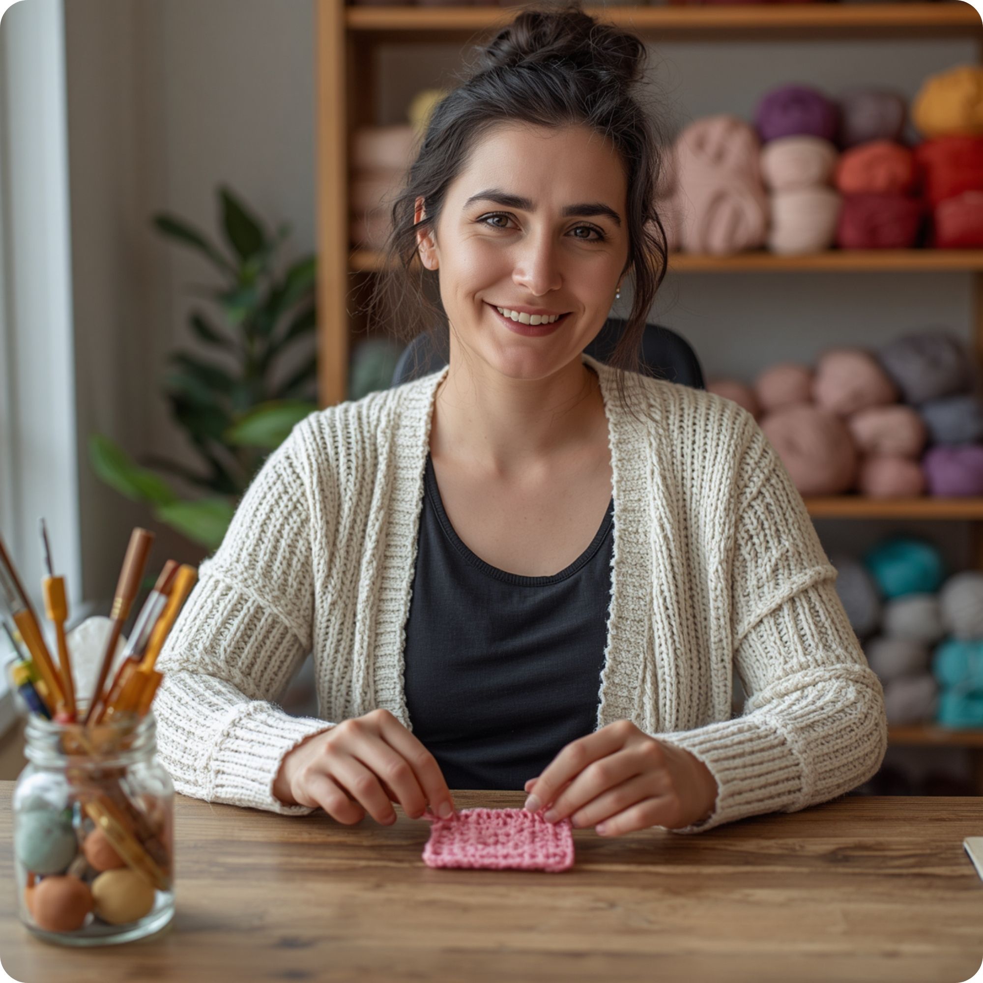 Marina Frenzy, the maker behind AmiFrenzy, crocheting a pink granny square at her craft desk